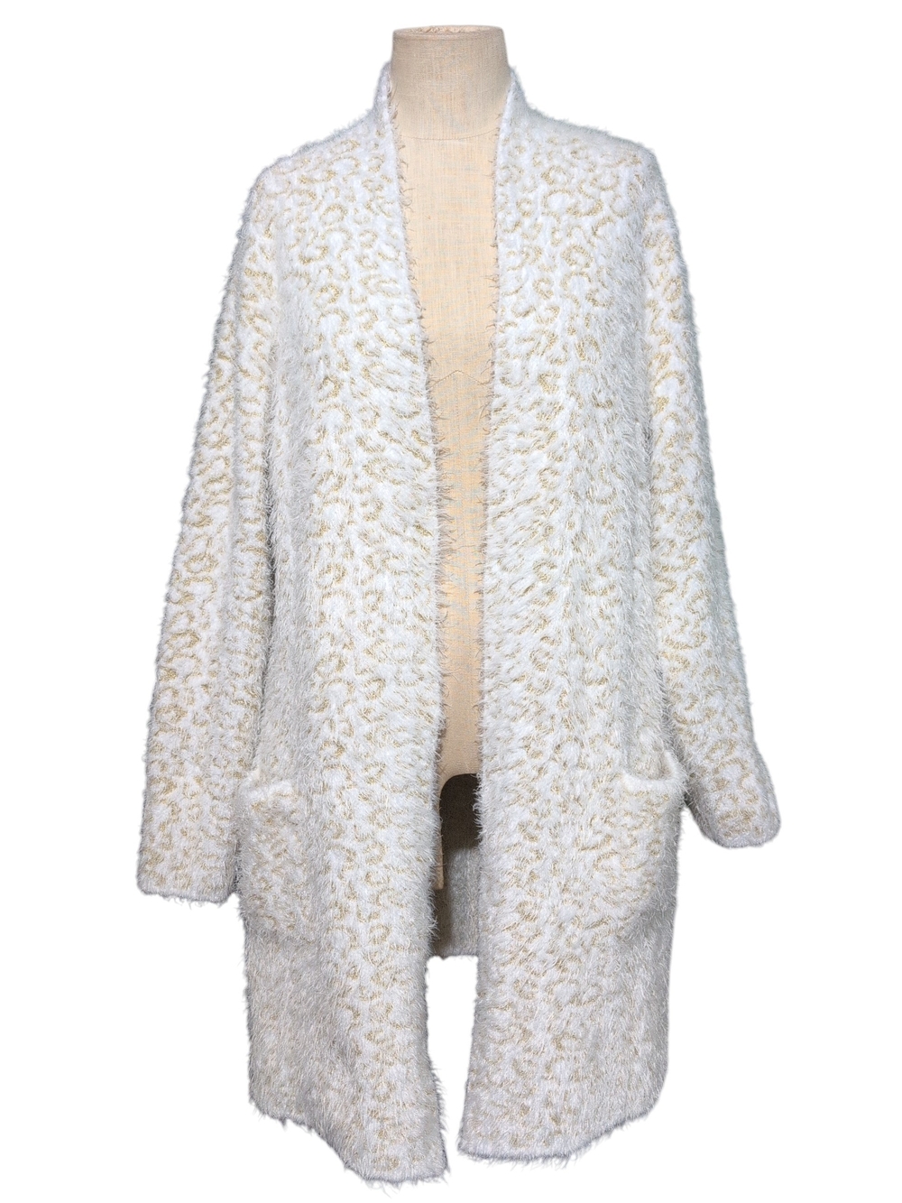 Nine West Open-Front Fuzzy Cardigan Sweater Pockets Soft Long Metallic XXL